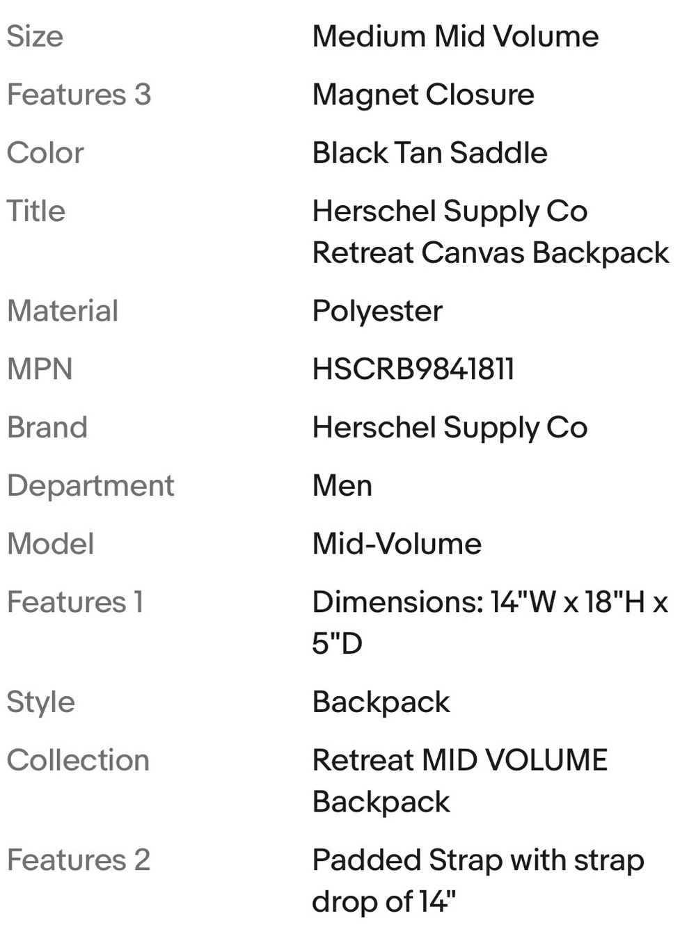 Herschel Supply Company Black Retreat Backpack Mid Volume with Laptop Sleeve - Picture 8 of 8